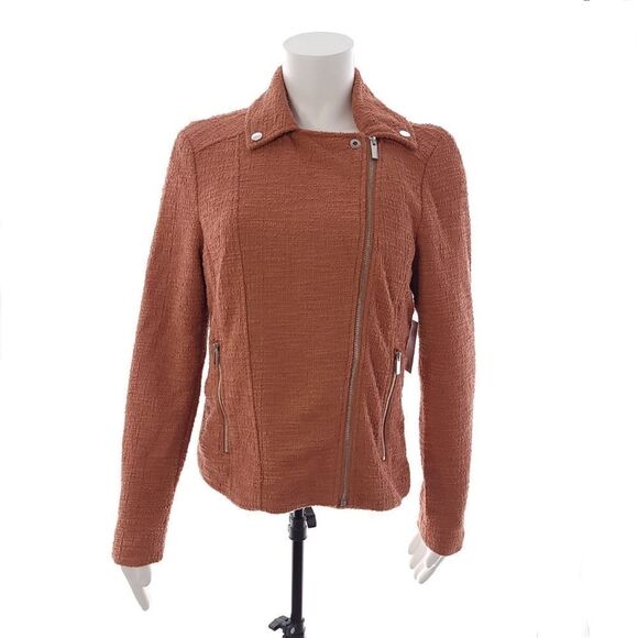 Nine West Texture Knit Moto Solid Rust Full Zip Jacket Womens Size M - Picture 3 of 14